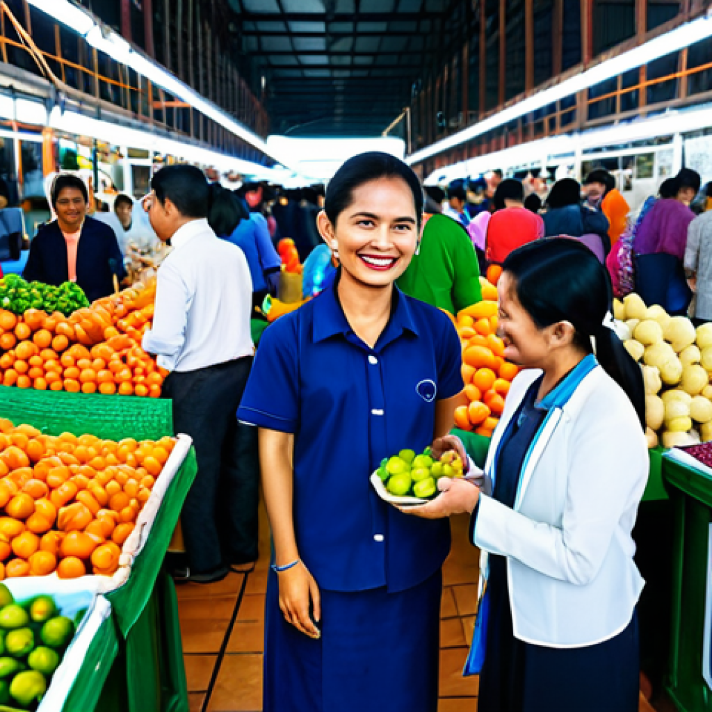 **

"A vibrant, bustling Thai community market scene, showcasing local crafts and produce. In the background, subtle holographic projections of blockchain nodes and data flow visualize a DAO managing the community's resources. People are smiling and interacting. Fully clothed, modest clothing, appropriate attire, safe for work, perfect anatomy, natural proportions, professional photography, high quality. Concept: Community-driven development powered by a transparent DAO system."

**