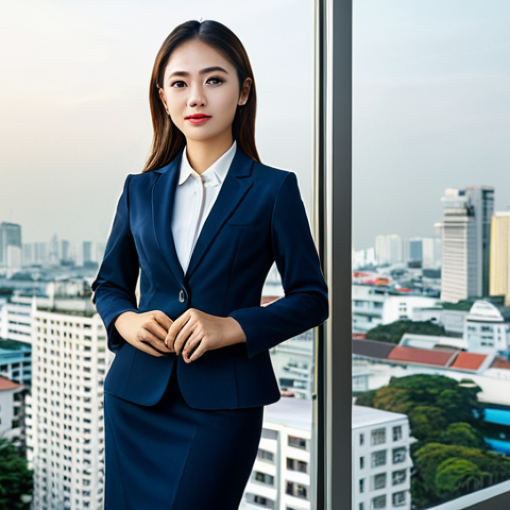 Modern Bangkok Office**

"A young professional businesswoman in a stylish, fully clothed business suit, standing confidently in a modern office in Bangkok, Thailand, with the city skyline visible through the window. Safe for work, appropriate content, professional attire, perfect anatomy, natural pose, high quality, dynamic lighting."

**