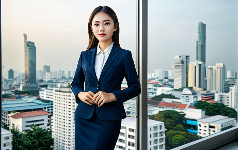 Modern Bangkok Office**
"A young professional businesswoman in a stylish, fully clothed business suit, standing confidently in a modern office in Bangkok, Thailand, with the city skyline visible through the window. Safe for work, appropriate content, professional attire, perfect anatomy, natural pose, high quality, dynamic lighting."
**