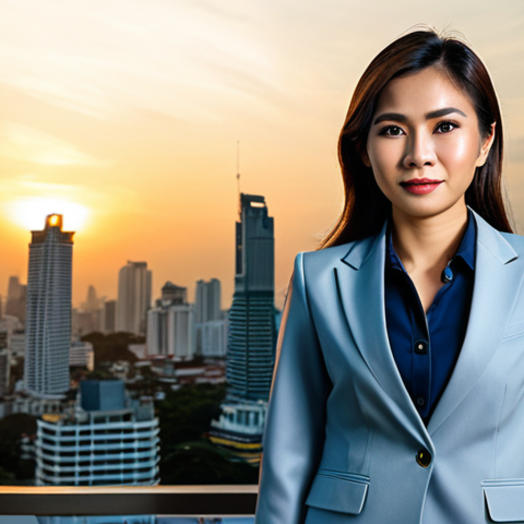 **
A professional Thai businesswoman in a tailored, modest business suit, standing in front of the Bangkok skyline at sunset. Fully clothed, appropriate attire, safe for work, perfect anatomy, natural proportions, professional photography, high quality.
**