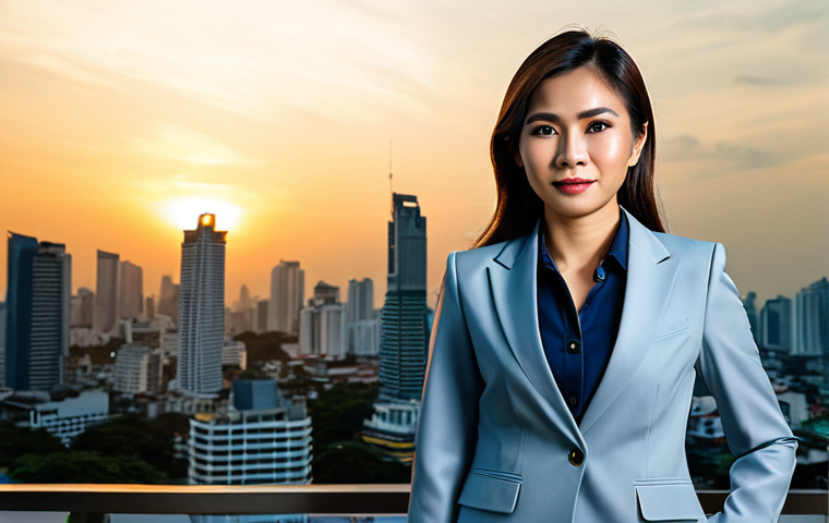 **
A professional Thai businesswoman in a tailored, modest business suit, standing in front of the Bangkok skyline at sunset. Fully clothed, appropriate attire, safe for work, perfect anatomy, natural proportions, professional photography, high quality.
**