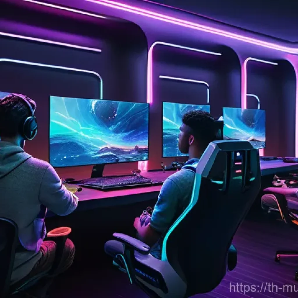 게임 내 거버넌스 모델의 발전 방향 - **Prompt:** A vibrant, futuristic scene depicting a diverse group of enthusiastic gamers, ranging fr...