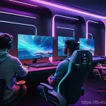 Home 22 게임 내 거버넌스 모델의 발전 방향 - **Prompt:** A vibrant, futuristic scene depicting a diverse group of enthusiastic gamers, ranging fr...