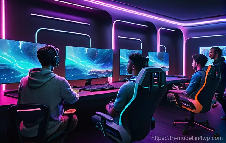 게임 내 거버넌스 모델의 발전 방향 - **Prompt:** A vibrant, futuristic scene depicting a diverse group of enthusiastic gamers, ranging fr...
