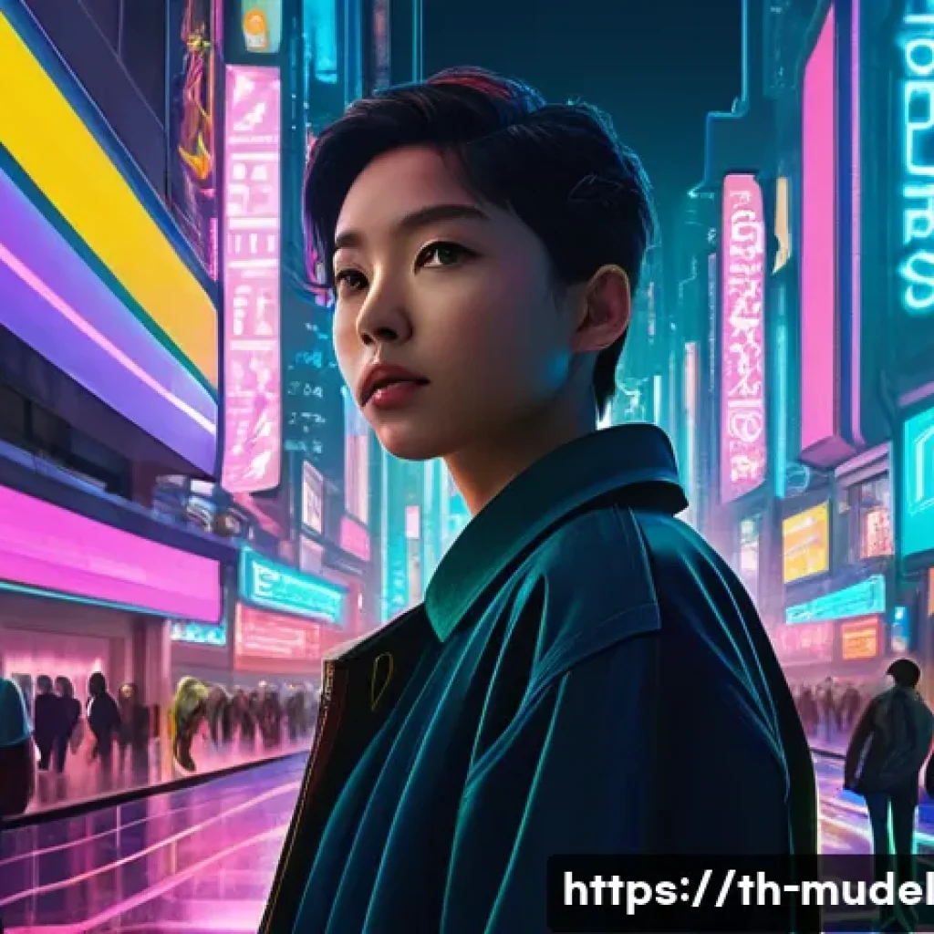 가상 세계 거버넌스와 사이버 보안 - **Prompt:** A young adult, dressed in modern, modest casual wear, stands in a vibrant, futuristic me...