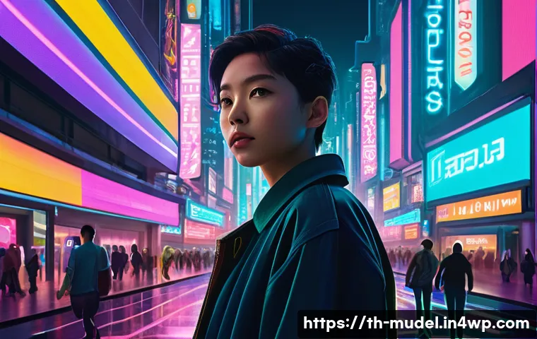 가상 세계 거버넌스와 사이버 보안 - **Prompt:** A young adult, dressed in modern, modest casual wear, stands in a vibrant, futuristic me...