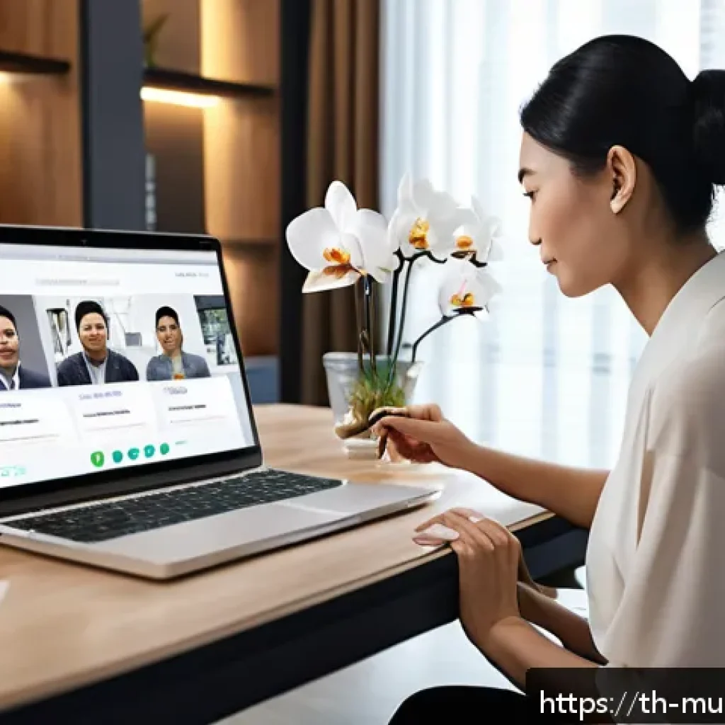 가상 세계에서의 협업과 거버넌스 - A modern digital workspace scene featuring a diverse Thai remote team collaborating via video confer...