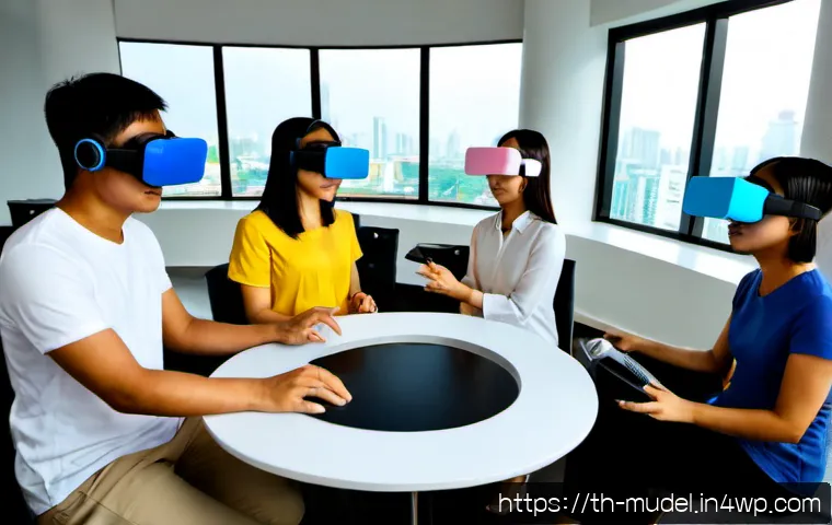 Home 29 가상 세계 내 거버넌스의 다원성 - Photorealistic modern Bangkok co-working space, diverse Thai adults wearing lightweight virtual real...