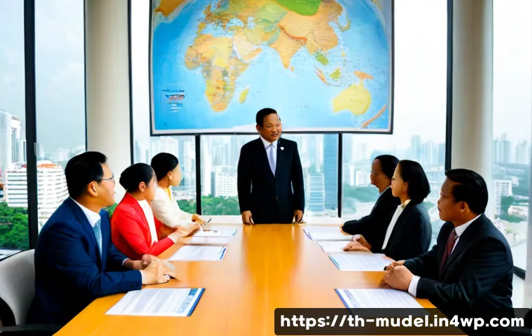 거버넌스 모델의 글로벌 표준화 필요성 - Photorealistic international governance roundtable in a modern Bangkok conference room, diverse Thai...